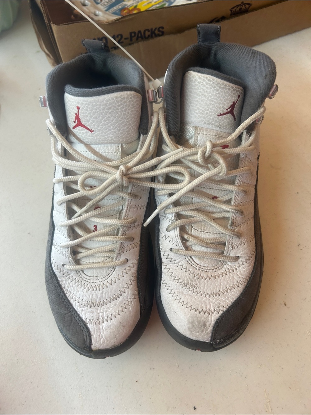Nike White and Gray Basketball Sneakers with Red Jumpman Jordan Air12